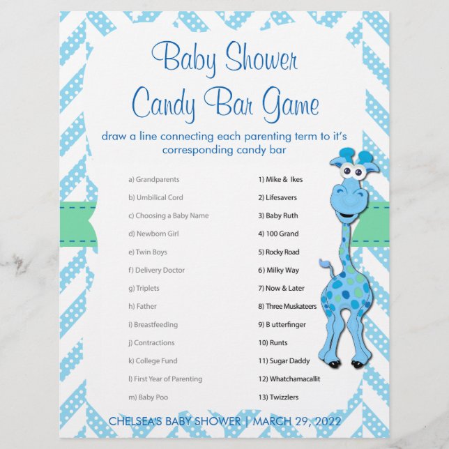 Baby-Blau-Giraffen-Baby-Dusche - Spiel Flyer (Vorne)