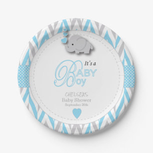 Baby-Blau, weiße graue Elefant-Babyparty 2 Pappteller
