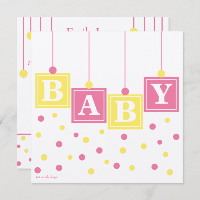 BABY blockiert rosa Gelbe Girl Paare Babydusche Einladung (Vorne/Hinten)