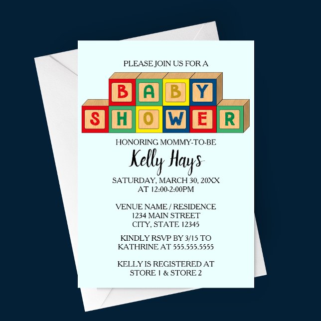 Baby Blocks Baby Dusche Einladung (Baby Blocks Baby Shower Invitation with light blue background and multi colored baby blocks)