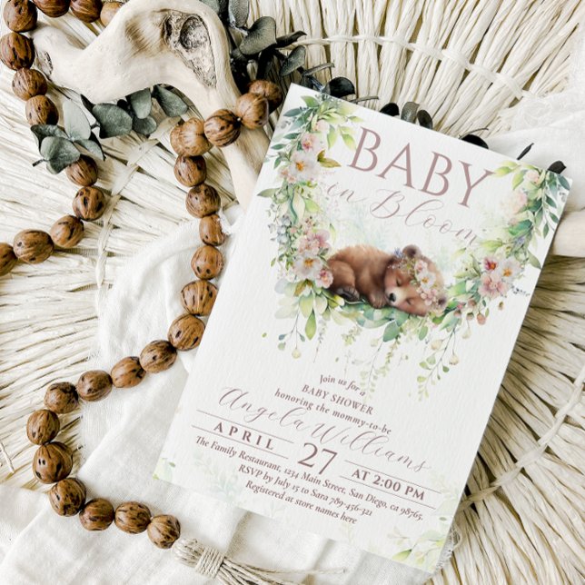 Baby Bloom Floral Woodland Bear Baby Girl Dusche Einladung (Von Creator hochgeladen)