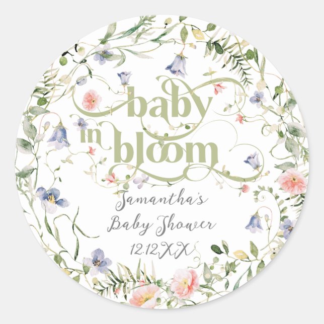 Baby Bloom Wildblume Moderne neutrale Babydusche Runder Aufkleber (Vorderseite)