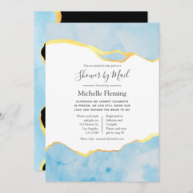 Baby Blue and Gold Agate Boy Baby Dusche by Mail Einladung (Vorne/Hinten)