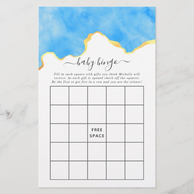 Baby Blue and Gold Agate Boy Baby Showbingo (Vorderseite)