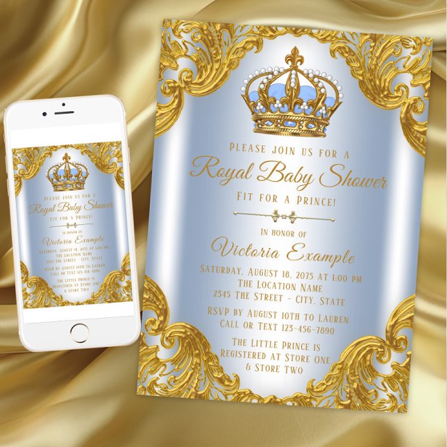 Baby Blue and Gold Prince Baby Shower Einladungen (Baby Blue Gold Prince Baby Shower Invitations. Instant download and printed invitations available.)