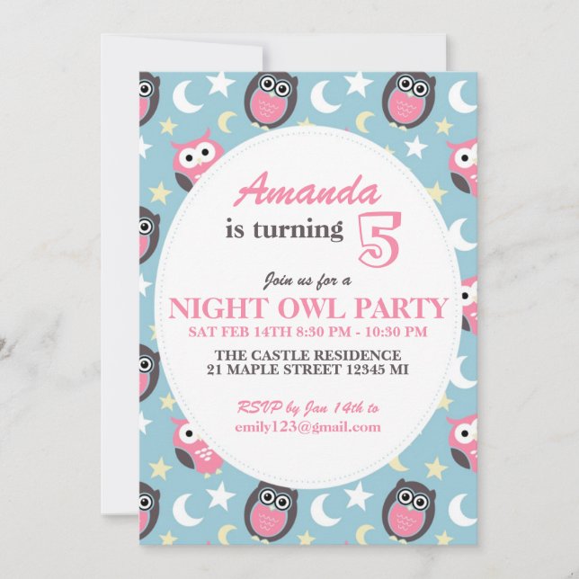 Baby Blue and Pink Owl Cartoon Einladung zum Gebur (Vorderseite)