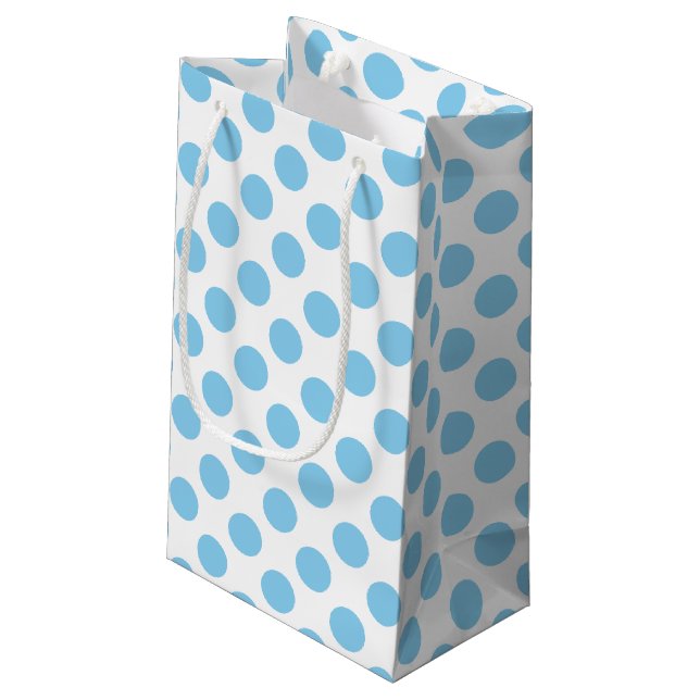 Baby Blue auf weiße große Polka Dots Kleine Geschenktüte (Rückseite Schrägansicht)