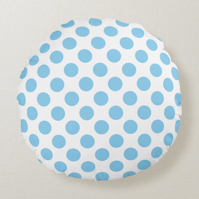 Baby Blue auf weiße große Polka Dots Rundes Kissen (Vorderseite)