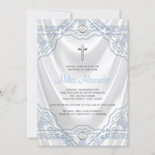 Baby Blue Baptism Christening White Satin Einladung