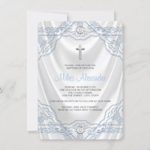 Baby Blue Baptism Christening White Satin Einladung
