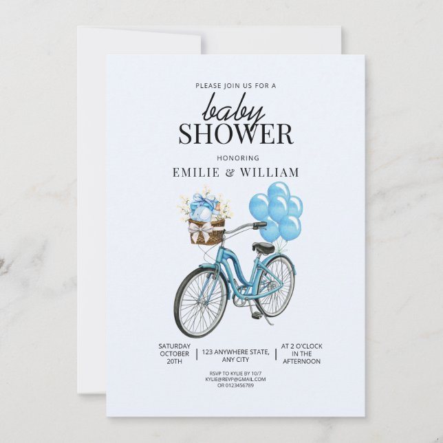 Baby Blue Bike Baby Shower Einladung, es ist Junge Einladung (Vorderseite)