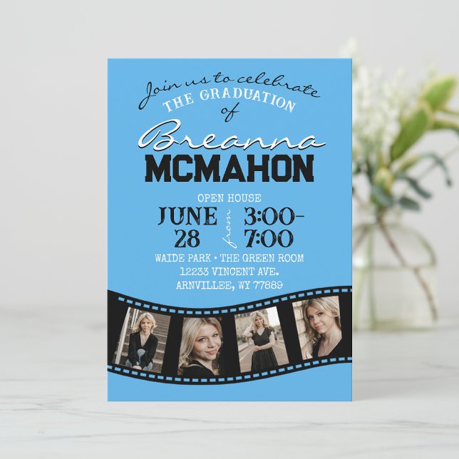 Baby Blue & Black Filmstrip 5 Foto Abschluss Einladung (Von Creator hochgeladen)