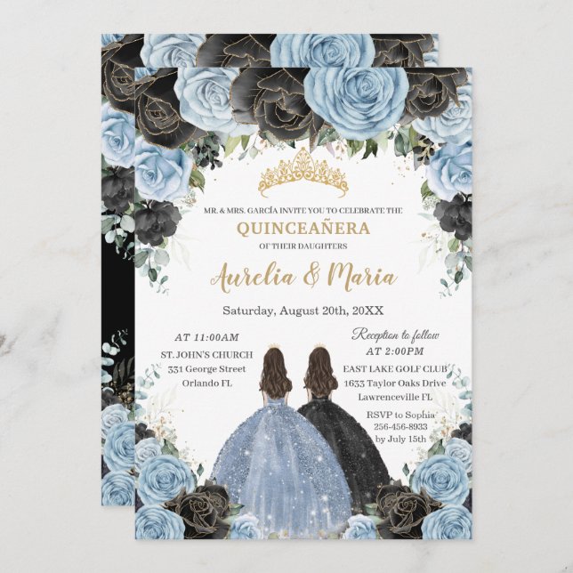 Baby Blue Black Floral Twins Gold Quinceañera XV Einladung (Vorne/Hinten)
