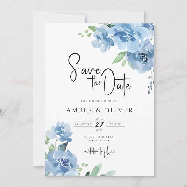 Baby Blue Blue Blue Floral Blätter Save the Date Einladung (Vorderseite)