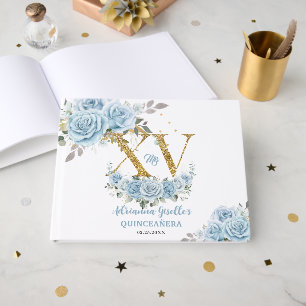 Baby Blue Blumen Gold XV Quinceañera Quince 15 Gästebuch