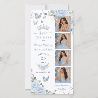 Baby Blue Blumen Silber Foto Booth Quinceanera Save The Date