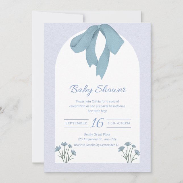 Baby Blue Bow Baby Dusche Einladung (Vorderseite)