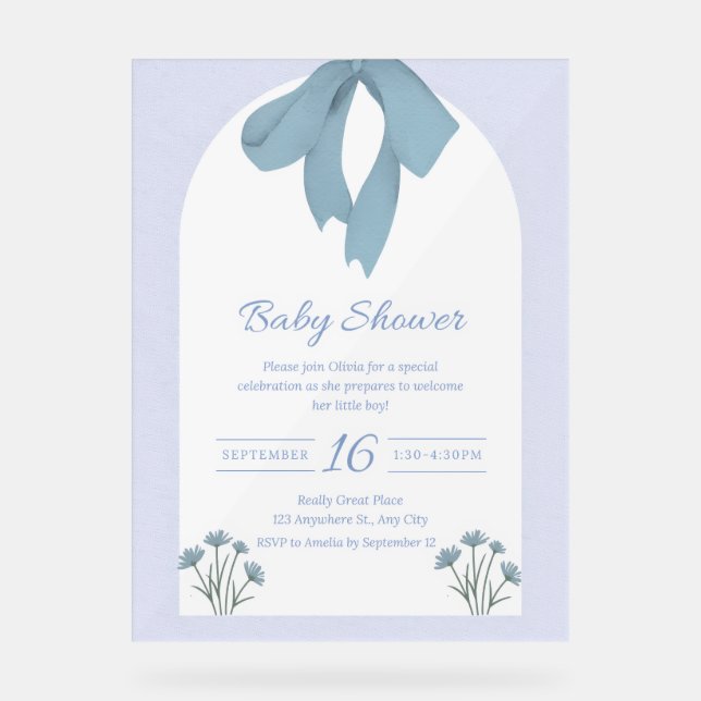 Baby Blue Bow Baby Shower Einladung Acrylschild (Vorderseite)
