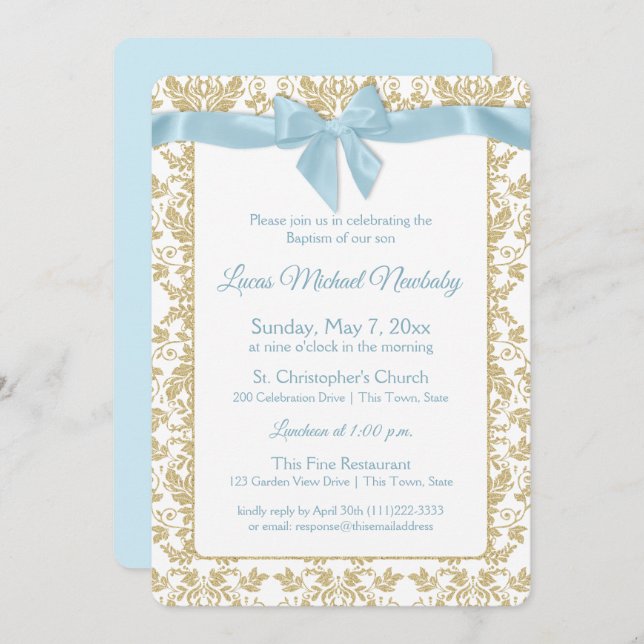 Baby Blue Bow und Gold Damask Taufe Einladung (Vorne/Hinten)
