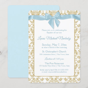 Baby Blue Bow und Gold Damask Taufe Einladung