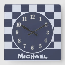 Baby Blue Boy Geometric Square Pattern Quilt Baby Quadratische Wanduhr