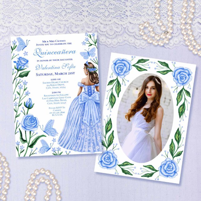 Baby Blue Butterfets Princess Foto Quinceanera Einladung (Baby Blue Butterflies Princess Photo Quinceanera Invitation)