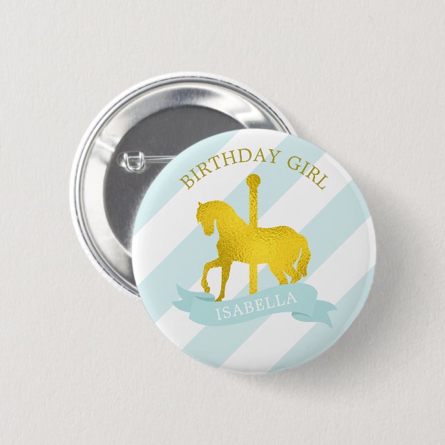 Baby Blue Carousel Pferd "Birthday Girl" Button (Vorne & Hinten)