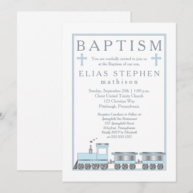Baby Blue Choo Choo Train Boy Taufe Einladung (Vorne/Hinten)