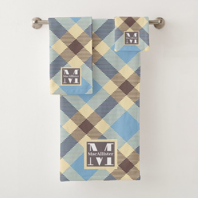 Baby Blue Creme Brown Retro Kariert Monogram Name Badhandtuch Set (Insitu)