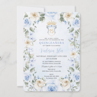 Baby Blue Creme Floral Wreath Gold Quinceañera Einladung