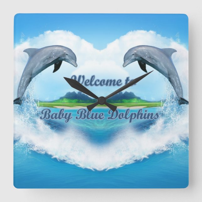 Baby Blue Dolphin Clock Quadratische Wanduhr (Vorderseite)