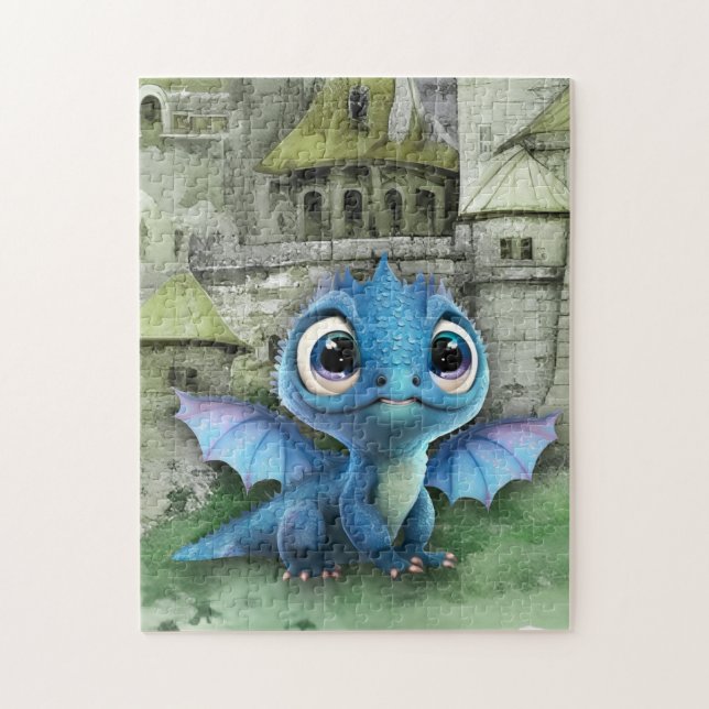 Baby Blue Dragon and Fantasy Mittelalterliche Burg Puzzle (Vertikal)