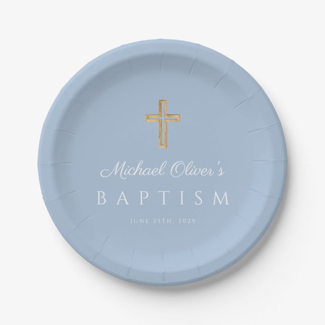 Baby Blue Elegant Religious Cross Boy Taufe Pappteller (Vorderseite)