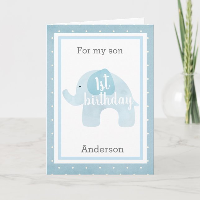Baby Blue Elephant 1. Geburtstag Sohn Karte (Vorderseite)