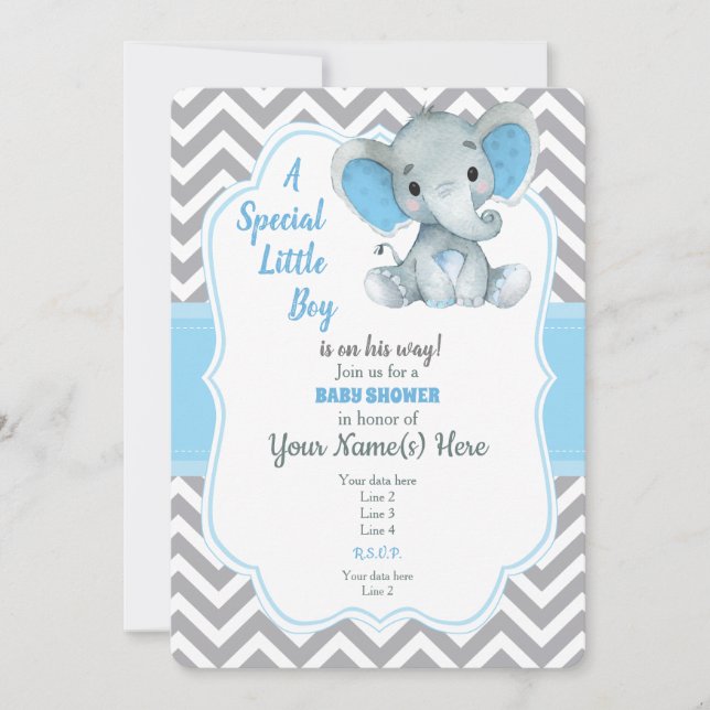 Baby Blue Elephant Baby Dusche Zickzack Einladung (Vorderseite)