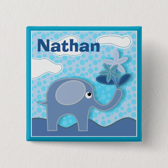 Baby Blue Elephant und Blume Personalisiert Kinder Button (Vorderseite)