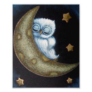 BABY BLUE EULE SCHLÄFT IM MOND 20x25 CM POSTER