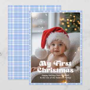 Baby Blue Eyes Gingham My First Christmas Baby Feiertagskarte