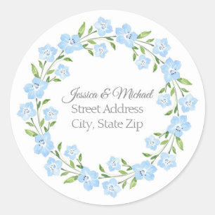 Baby Blue Eyes Watercolor Floral Wreath Labels Runder Aufkleber