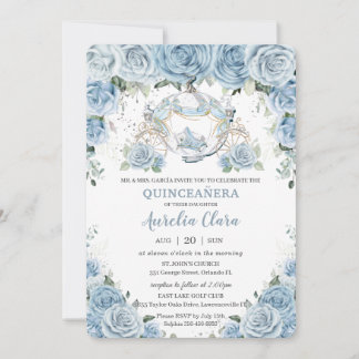 Baby Blue Floral Aschenputtel Coach Quinceañera Einladung