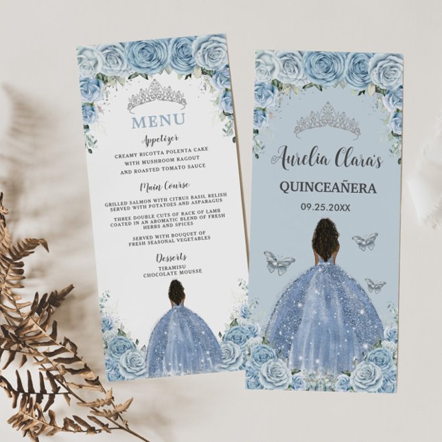Baby Blue Floral Brown Princess Quinceañera Menü Programm (Von Creator hochgeladen)