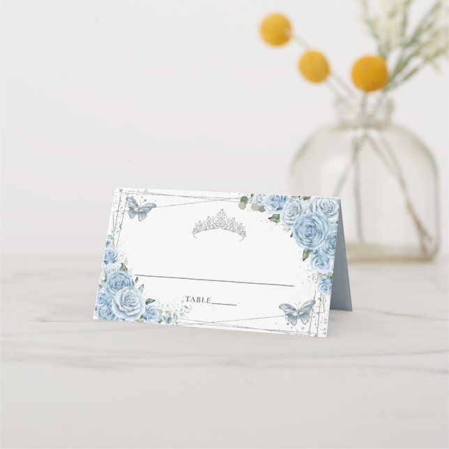 Baby Blue Floral Butterfells Quinceañera Birthday Platzkarte (Vorderseite)