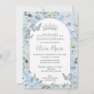 Baby Blue Floral Butterfells Quinceañera Foto Einladung