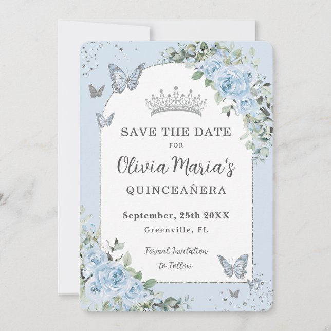 Baby Blue Floral Butterfells Quinceañera Foto Save The Date (Vorderseite)