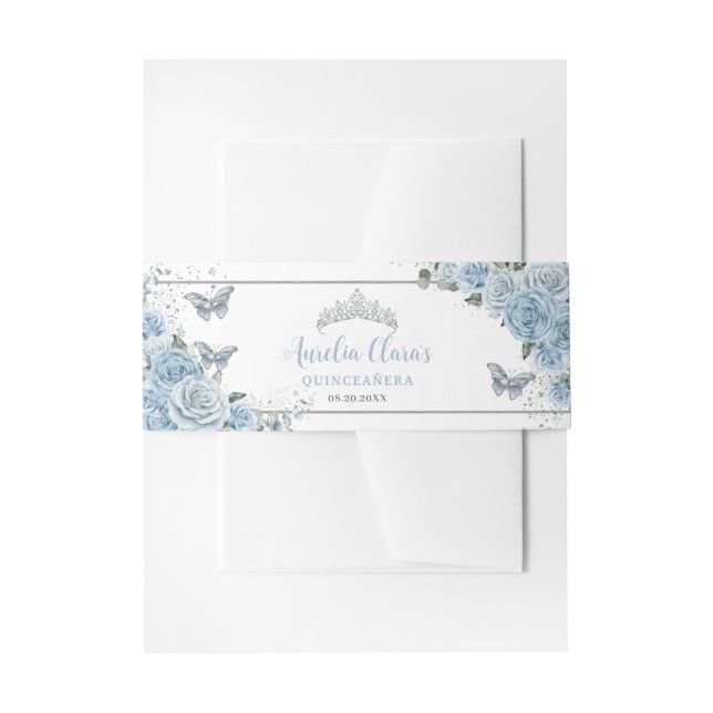 Baby Blue Floral Butterfells Silver Quinceanera Einladungsbanderole (Vorderseite Beispiel)