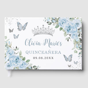 Baby Blue Floral Butterfells Silver Quinceañera Gästebuch