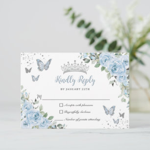 Baby Blue Floral Butterfells Silver Quinceañera RSVP Karte