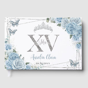 Baby Blue Floral Butterfells Silver Quinceanera XV Gästebuch
