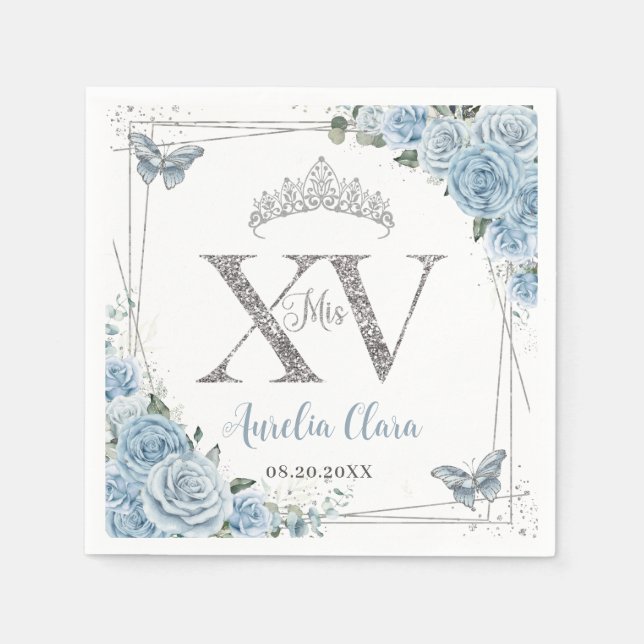 Baby Blue Floral Butterfells Silver Quinceañera XV Serviette (Vorderseite)