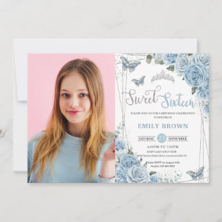 Baby Blue Floral Butterflies 16 . Geburtstag 16. Einladung